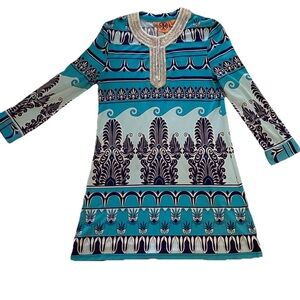 Tory Burch Blue Long Sleeve Beaded Tunic 100% Silk.